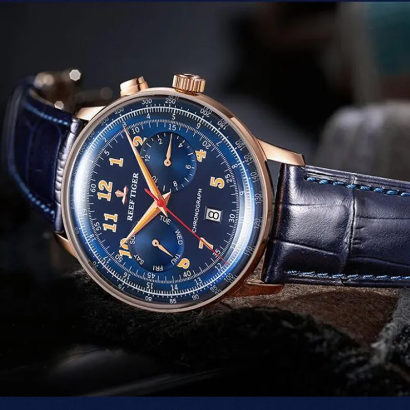 Часы Reef Tiger деловые водонепроницаемые механические с кожаным ремешком|Мужские