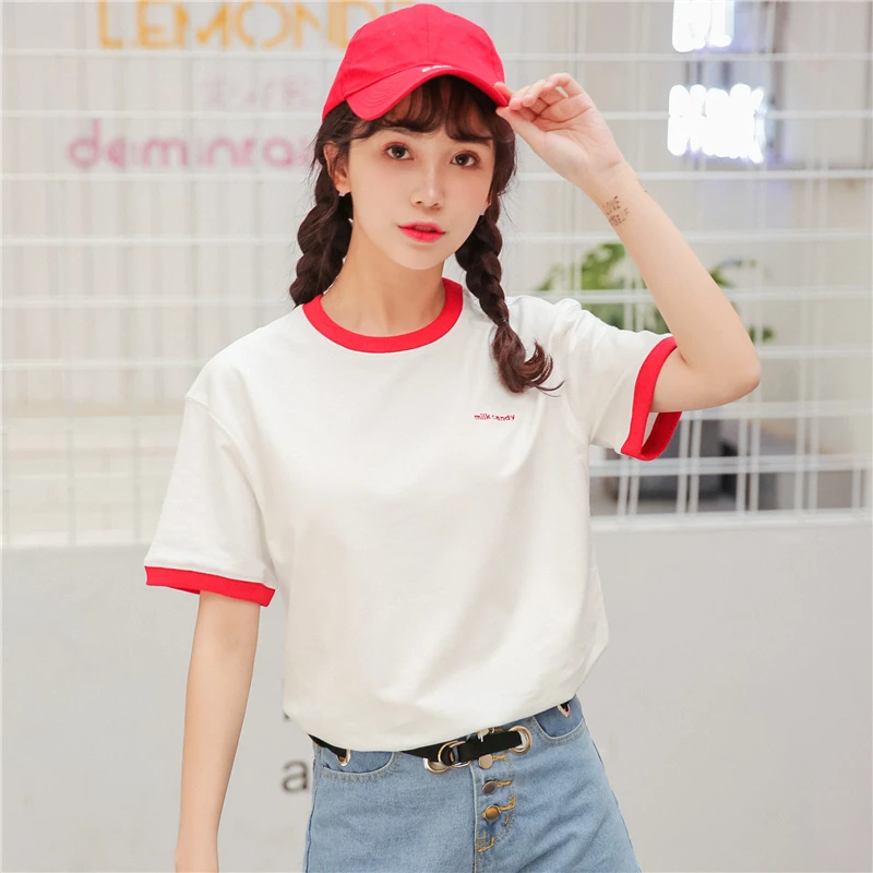 Harajuku Kawaii футболка с коротким рукавом летняя женская вышивкой Kpop Ulzzang топы для