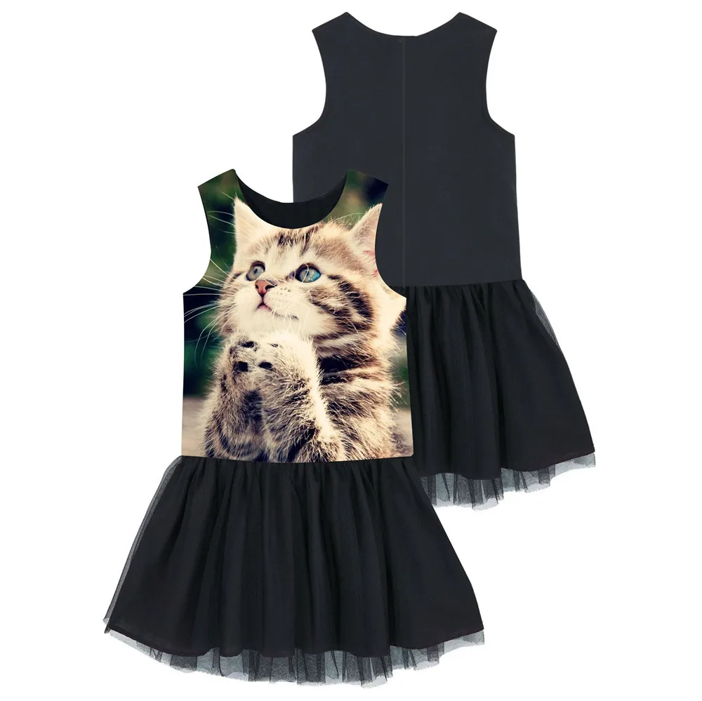 Girls dress Animal Pray for the cat Dress sleeveless Costumes For Kids Casual Comfortable Clothes fashion Black | Детская одежда и
