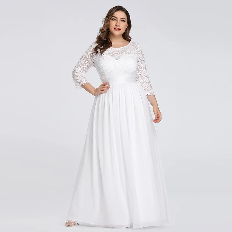 White Платья с длинными рукавами Ever Pretty, шифоновое темно-синее платье большого размера, с длинным рукавом, трапециевидного силуэта, длинное кружевное платье для гостей свадьбы, EP07412, зима - Цвет: White