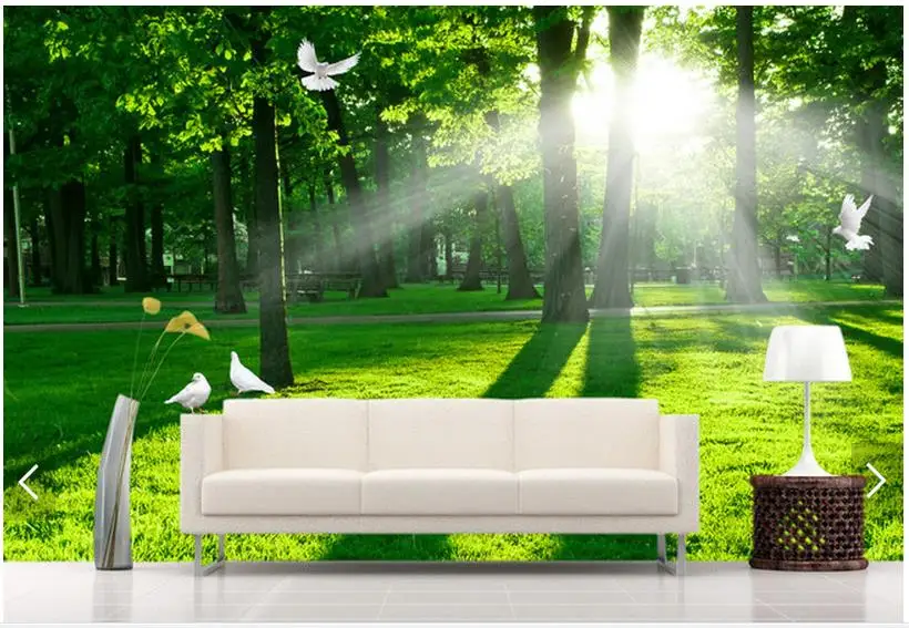 

Customized 3d photo wallpaper 3d TV wallpaper murals Sunshine green trees dove sofa setting wall 3d living room wallpaper