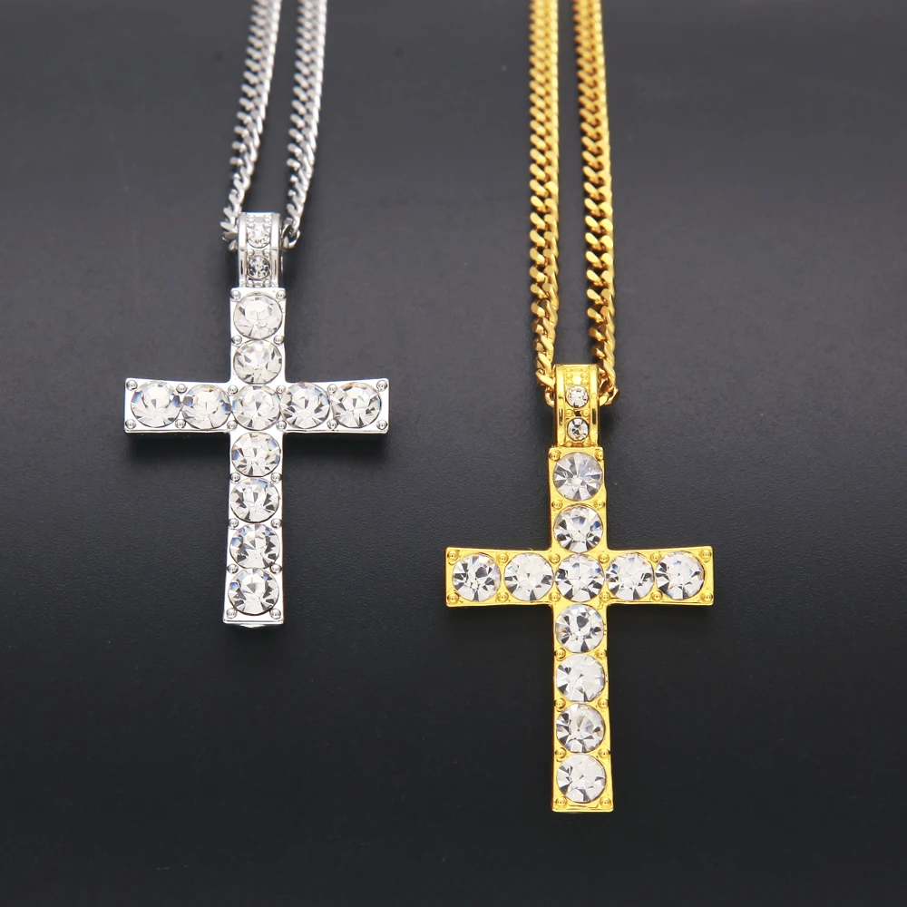 Хип-хоп сплав золота Цвет крест кулон Цепочки и ожерелья религиозных Iced Out Rhinestone crucfix Цепочки и ожерелья Jewely для Для Мужчин кубинской