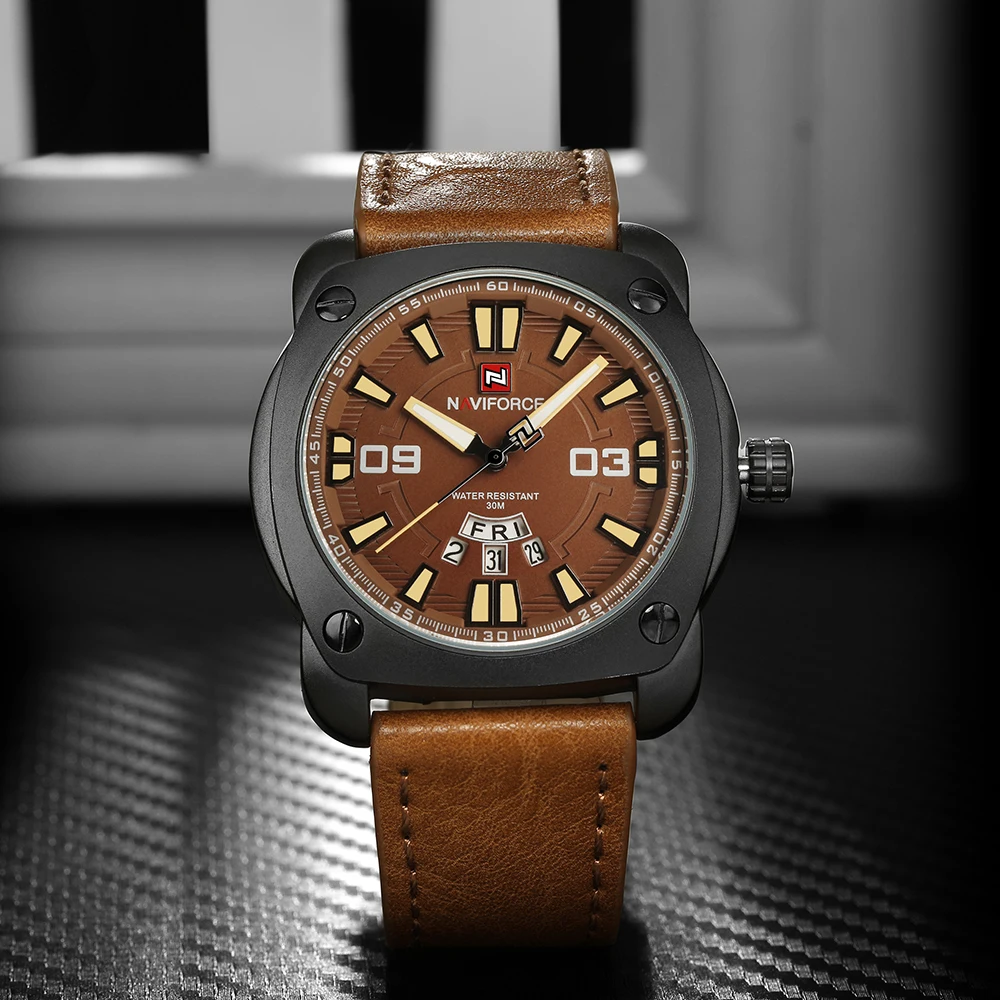 Naviforce оригинальный Элитный бренд Спорт Кварцевые часы Для мужчин кожа армии