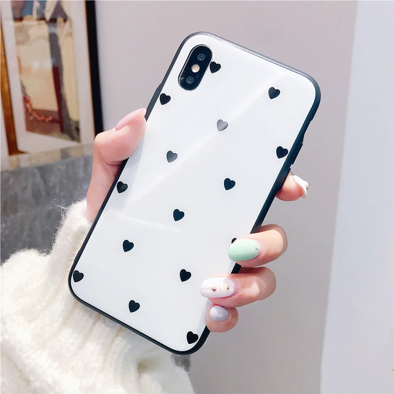 GlamPhoneCase White Love Heart Glass Phone Case for IPhone 6 6s 6plus 7/7plus Sweet Anti-knock Hard Cover For iPhone 8 8plus X |