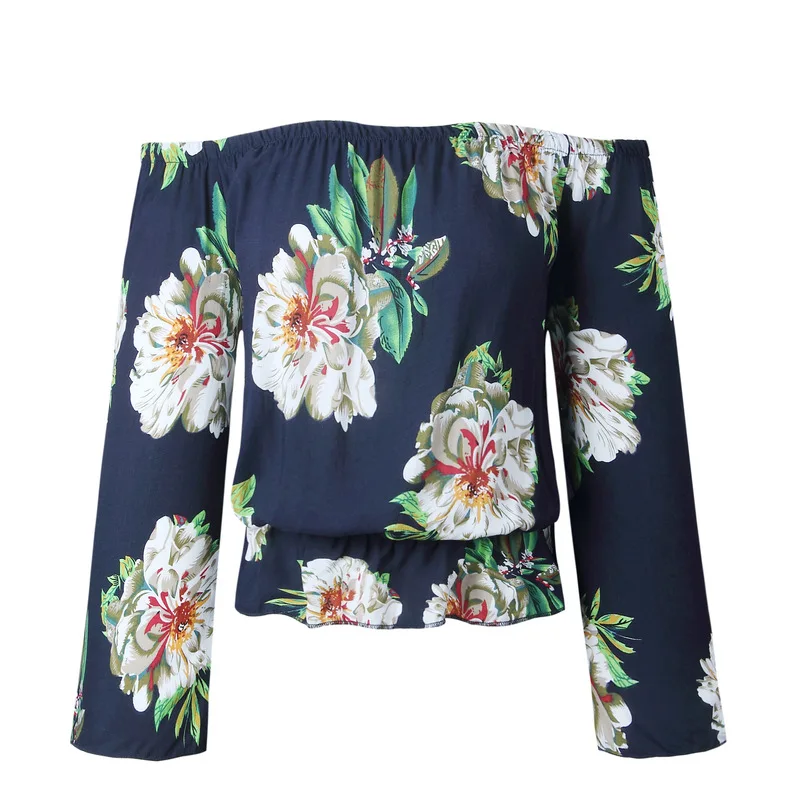 Summe women T-shirt Floral Printing Slash Neck Black White Blue Color Slimming Type Three Quarter Sleeve Women Fashion Wear | Женская