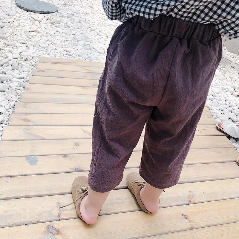 Брюки детские осенние однотонные из хлопка и конопли повседневные штаны с