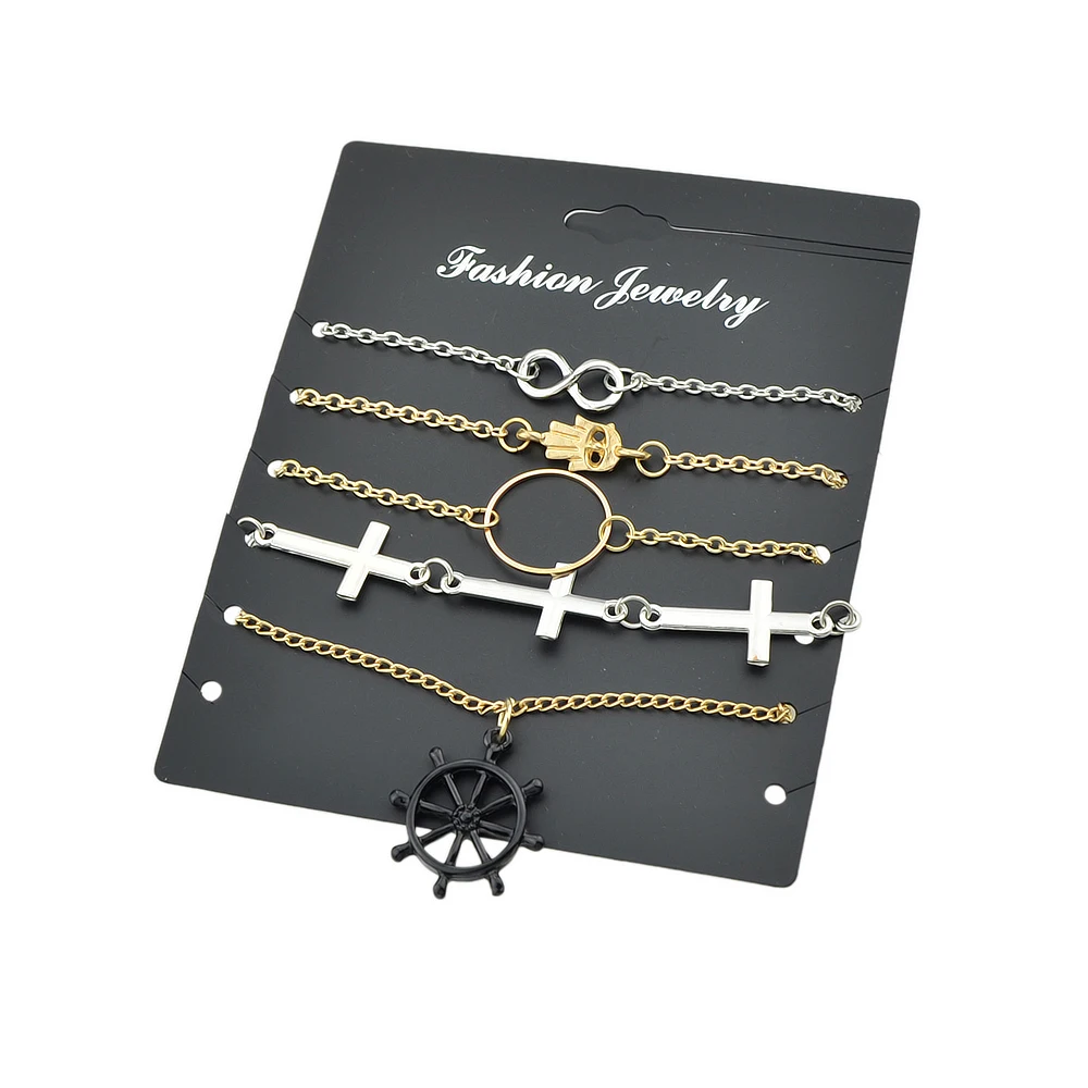 Kayshine 5 Pcs/Set Gold-Color Silver Color Link Chain Hand Cross Number Eight Rudder Circle Shape Charm Bracelet For Women | Украшения и