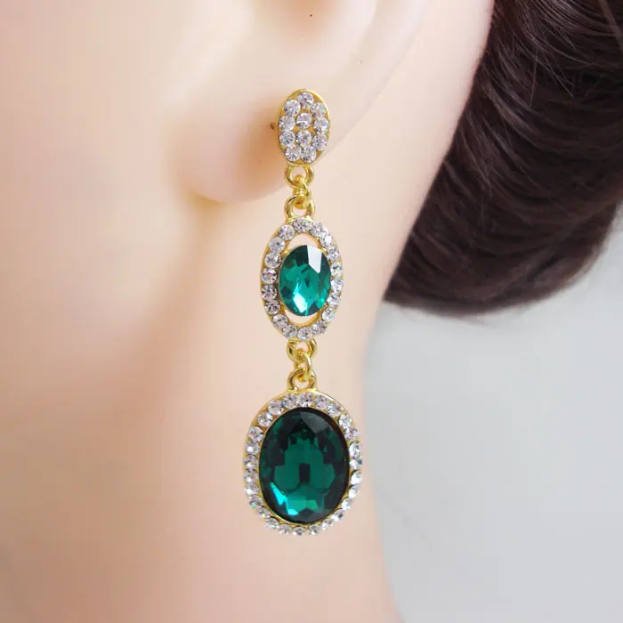 

Austrian Crystal Gold Tone Oval Teardrop Art Style Woman Earrings Green