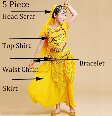 Yellow 5 Piece 5 шт., детский костюм для танца живота, танцевальные костюмы для девочек, детские костюмы для танца живота для девочек, Болливуд, индийский костюм для танцев - Цвет: Yellow 5 Piece