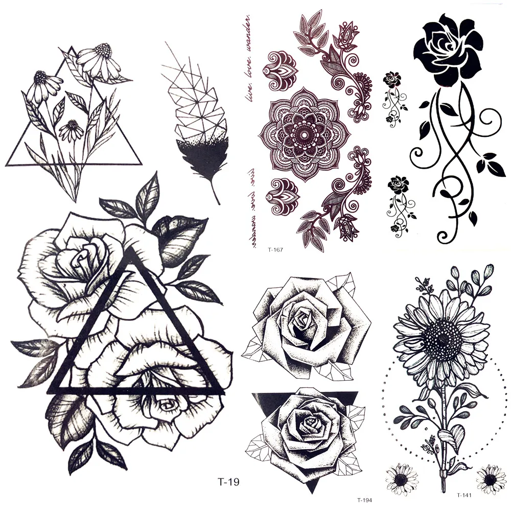 Triangle Black Rose Temporary Tattoo Women Geometric Feather Tattoo Sticker Body Arm Art Fake Tatoo Leaves Girl Chest Makeup Leg