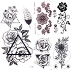 Временная татуировка с треугольными черными розами, Женская Геометрическая татуировка с перьями, наклейка для боди-арта, искусственная татуировка с листьями, для девушек, для груди, для макияжа ног