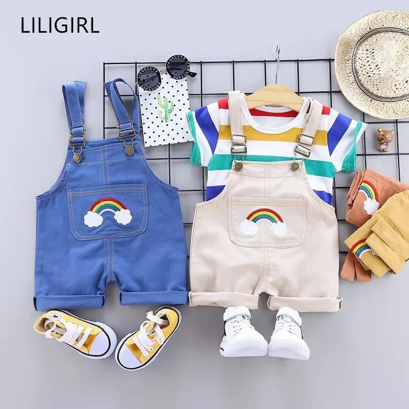 LILIGIRL/милые джинсовые штаны на бретелях для мальчиков + топы в полоску костюм 2019 г.