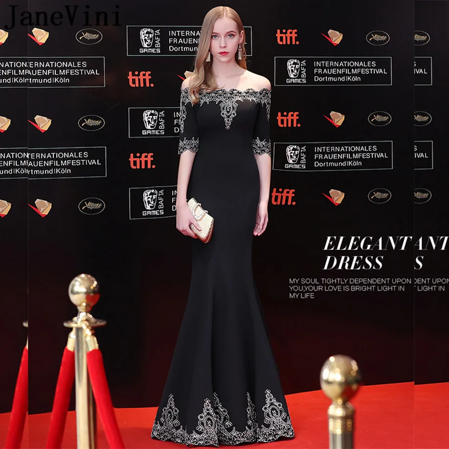 

JaneVini Nigeria Formal Prom Dress Women Wedding Black Mermaid Bridesmaid Dresses With Lace Half Sleeve Off Shoulder Party Gown