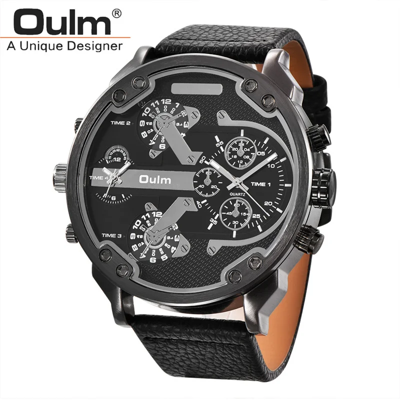 PU Black Oulm Роскошные брендовые большие мужские часы с двумя часовыми поясами мужские повседневные спортивные часы с большим циферблатом кожаные мужские наручные часы reloj hombre - Цвет: PU Black
