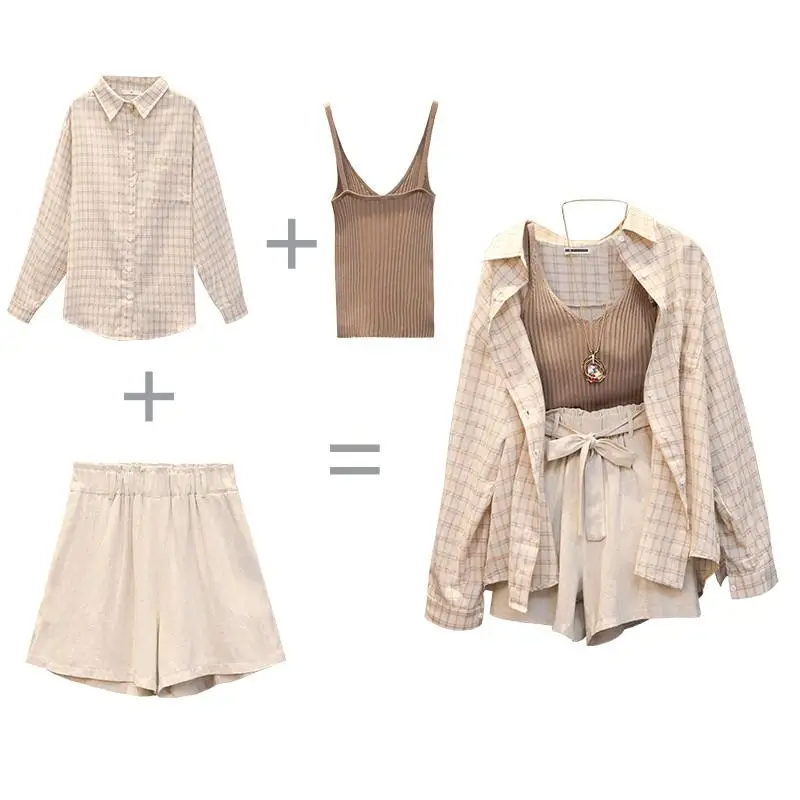 Женский повседневный комплект из 3 предметов клетчатая рубашка с длинным рукавом