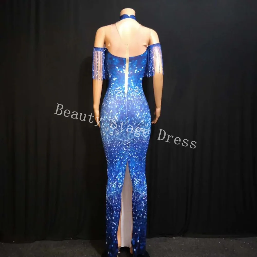 Flashing Sequins Blue Tassels Long Dress Female Singer Nightclub Bar Host Show Stage Costume Models Catwalk Elastic Skinny |