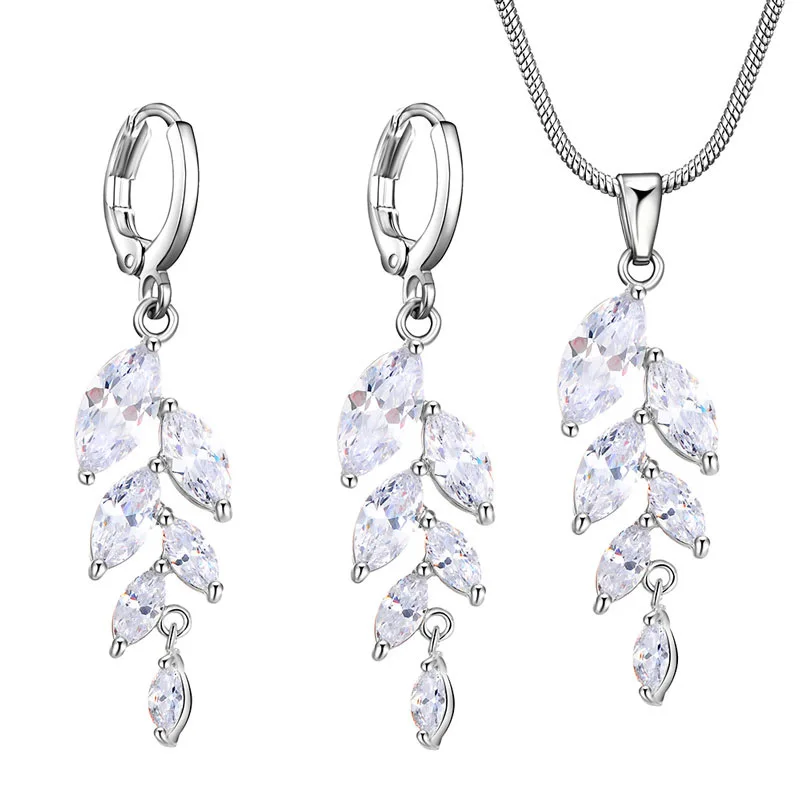 Trendy Silver Color Cubic Zircon Flower Pendant Earrings Set For Women Luxury Swing Leaf Jewelry Fashion Jewelry 2022  - buy with discount