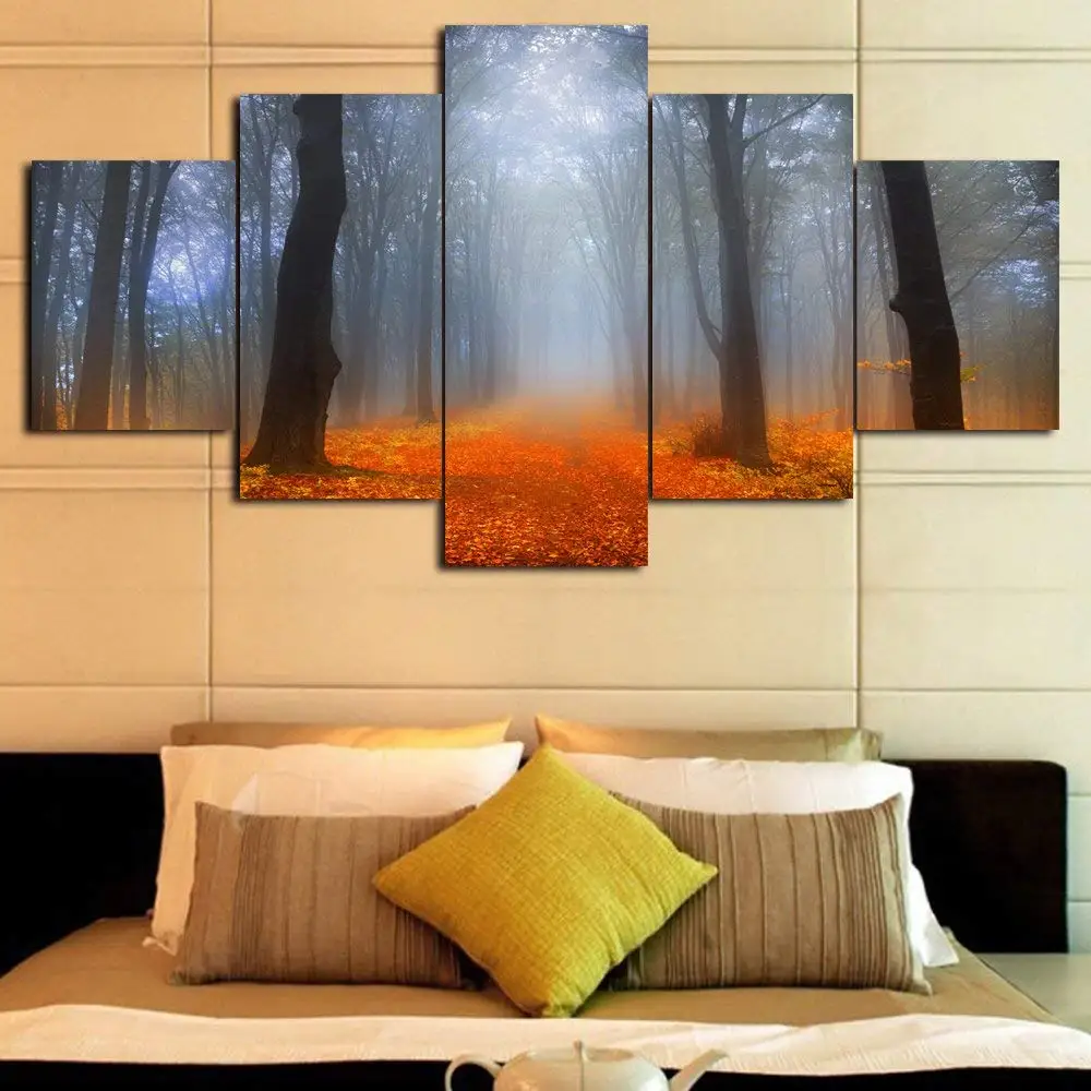 

5 Panel Wall Art Maple Leaf Poster And Print Forest Landscape Wall Picture For Living Room Canvas Painting Home Decor