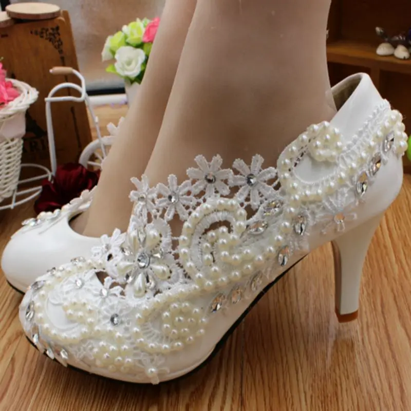 Новые Модные Белые Кружево жемчугом женская свадебная обувь ручной работы