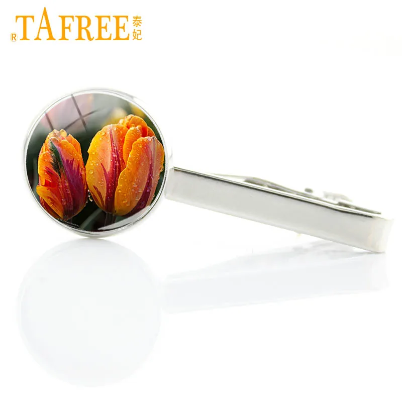 TAFREE красивые розовые тюльпаны стеклянные фото Зажимы для галстука мужчин и