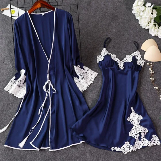 navy blue B Темно-синие Для женщин пикантный Шелковый Атласный вечерний комплект с платьем из 2 предметов Кружева пижамы, ночной комплект летняя домашняя одежда, одежда для сна - Цвет: navy blue B