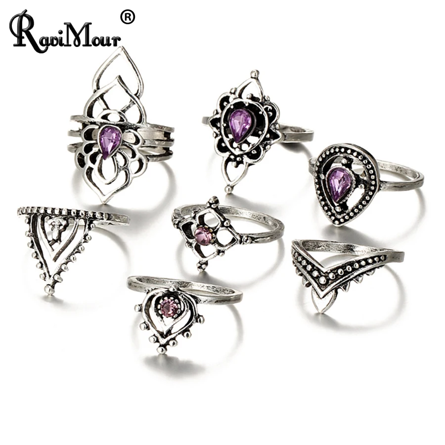 RAVIMOUR 7 шт. винтажные колечки для женщин модные богемные цветочные кольца с