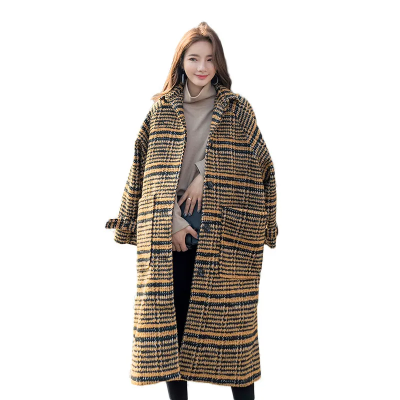 

Elegant Vintage Tweed Winter Casual Woolen Overcoat 2018 Autumn Plaid Women's woolen Blended Coats Jacket Female S106