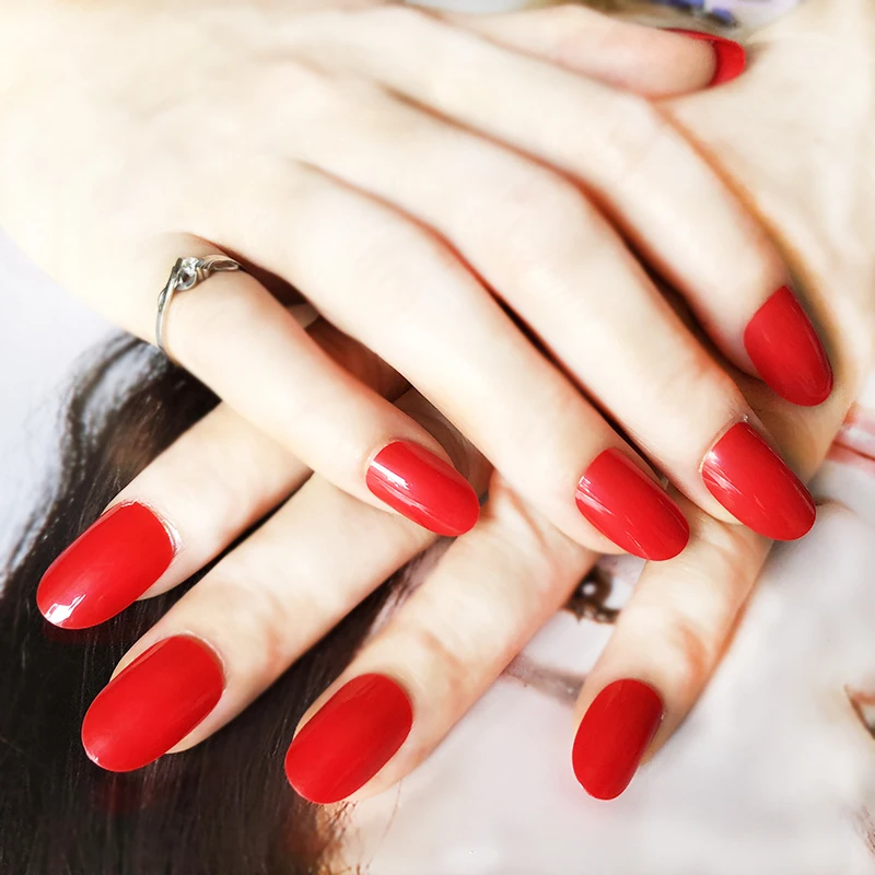 

Wholesale UV Gel Cover Candy False Nails Shiny Bright red Round Head Nail Tips Full Wrap gel nail polish Faux ongles DIY