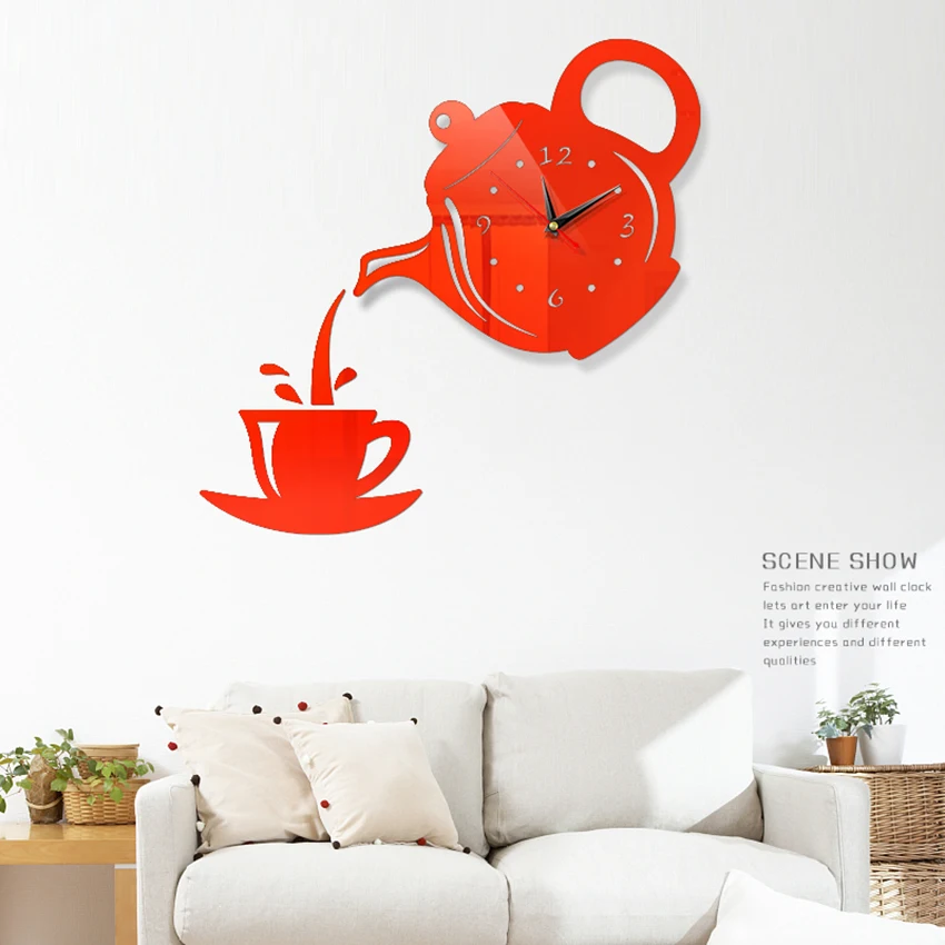 

European 3D tea pot Wall Clock Living Room/Dining Room Decoration DIY Coffee Cup Teapot Pattern Acrylic Wall Sticker Clocks
