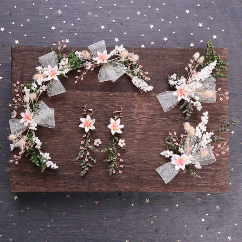 Женский венок для невесты FORSEVEN Розовый с розовым бантом элегантные серьги клипсы