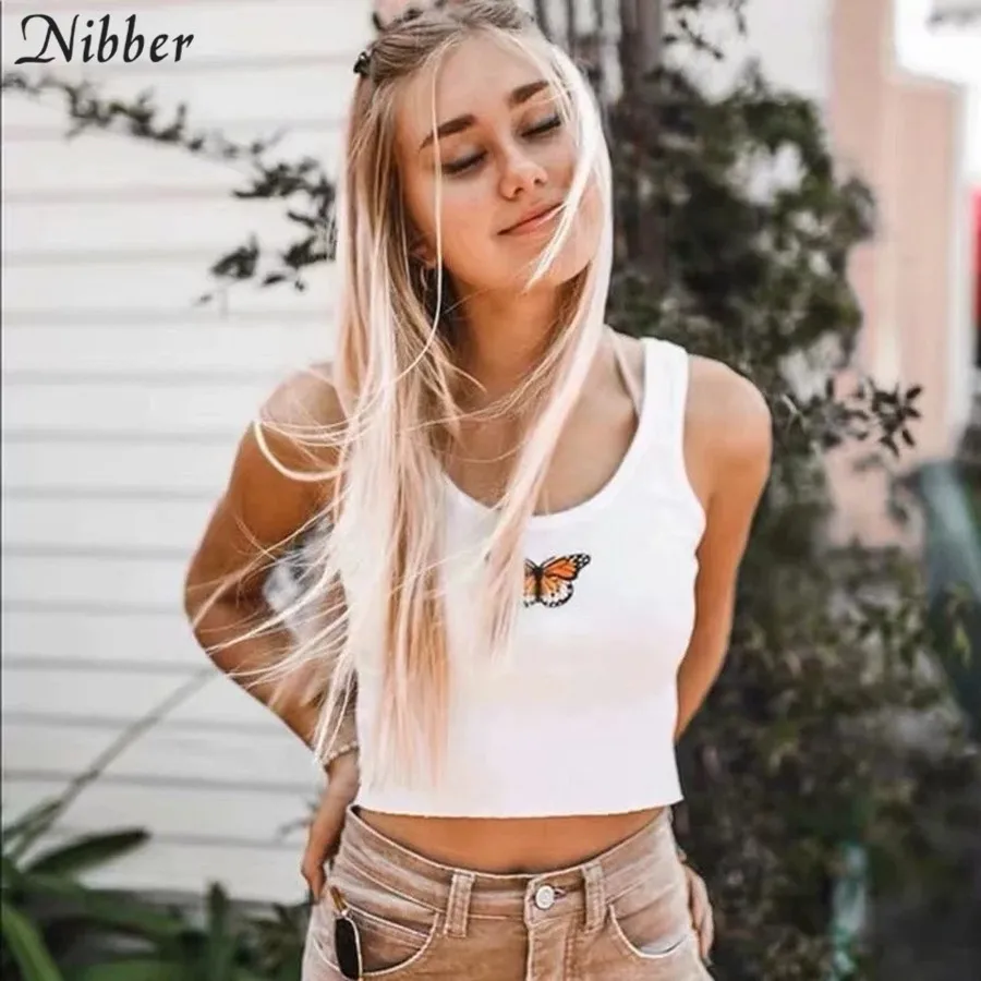 Nibber/белые короткие топы без рукавов, женские топы с вышитыми бабочками, Летняя распродажа, однотонные базовые футболки, повседневные женские топы на бретелях