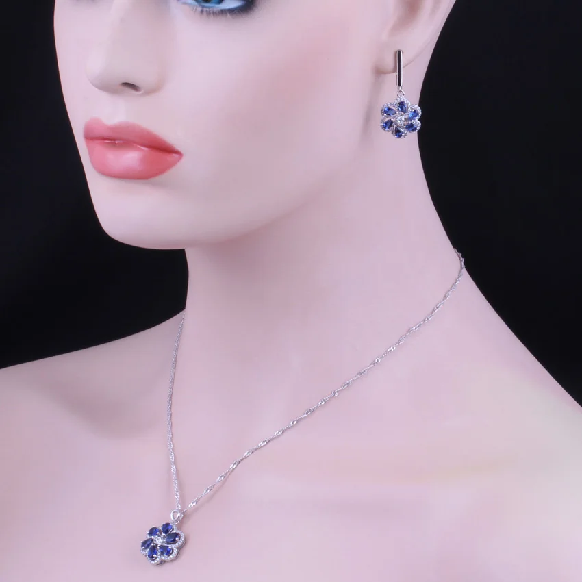 

Valuable Blue Cubic Zirconia White CZ Silver Plated Jewelry Sets Earrings Pendant Chain V0018