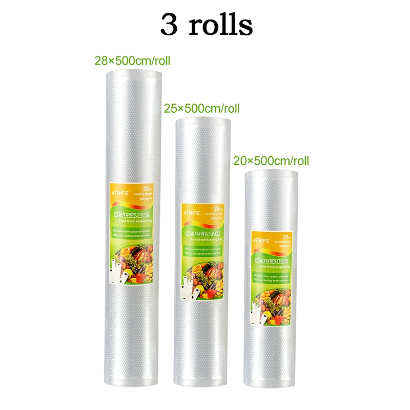 

ATWFS Vacuum Bag Sealing Machine Vacuum Bags for Food Saver 20*500cm+25*500cm+28*500cm 3 rolls Vacum Bag