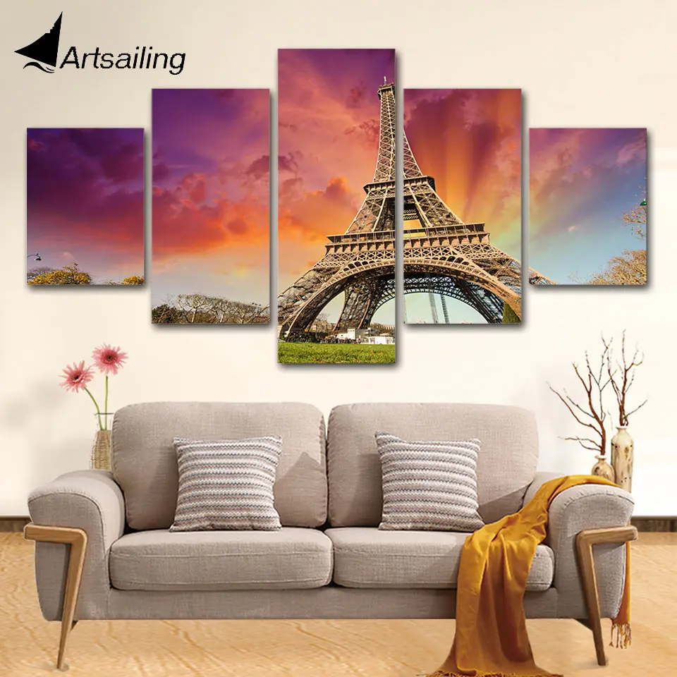 Artsailing 5 Картина из холста в пяти частях "Парижская башня, закат, пейзажное искусство, стена, украшение дома для гостиной, плакаты с высоким разрешением".
