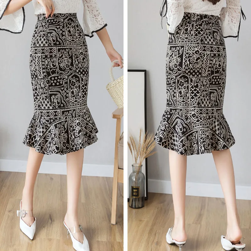 Женская винтажная юбка-Русалка Черного размера плюс Осенняя офисная миди-юбка