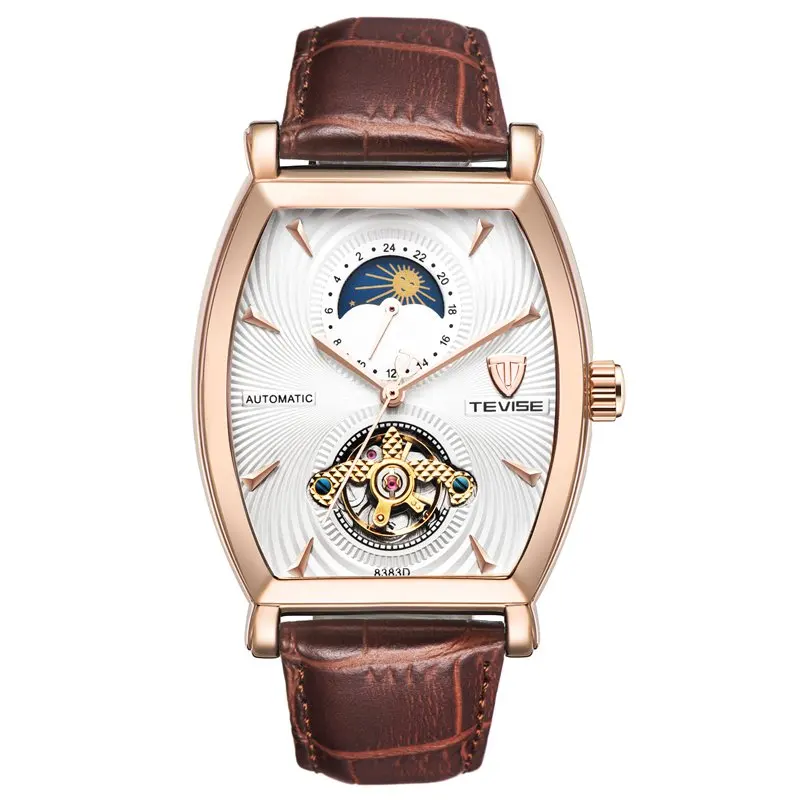 rose gold white TEVISE 8383D Автоматические наручные часы Механические Мужские часы с автоматическим заводом фаза Луны настоящие часы кожаные мужские повседневные часы мужские - Цвет: rose gold white