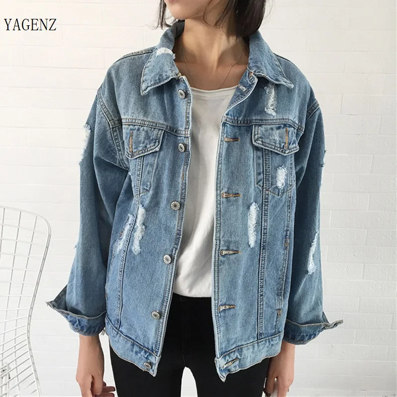 

2019 New Women Spring Autumn Long Sleeve Basic Coats Vintage Slim Hot Fashion Holes Cacual Denim Jacket YAGENZ A73
