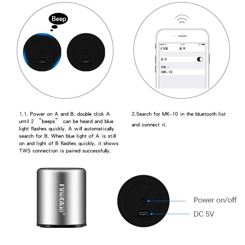 Fineblue MK10 Bluetooth динамик стерео 3D стерео сабвуфер TWS мини металлический беспроводной Hands-free маленький динамик аксессуары черный