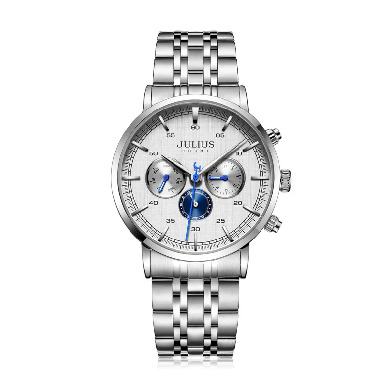 Silver blue dials Julius часы мужские Новое поступление 6 рук Многофункциональные деловые часы синий циферблат часы из нержавеющей стали роскошный подарок часы JAH-100 - Цвет: Silver blue dials