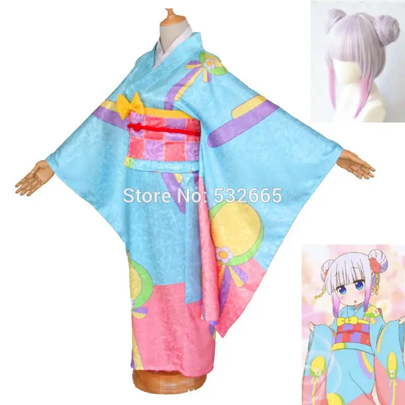 + Парик аниме Kobayashi san Chi no Maid Dragon Dragonmaid Kanna Kamui Косплей Костюм Кимоно Cos кимоно Miss