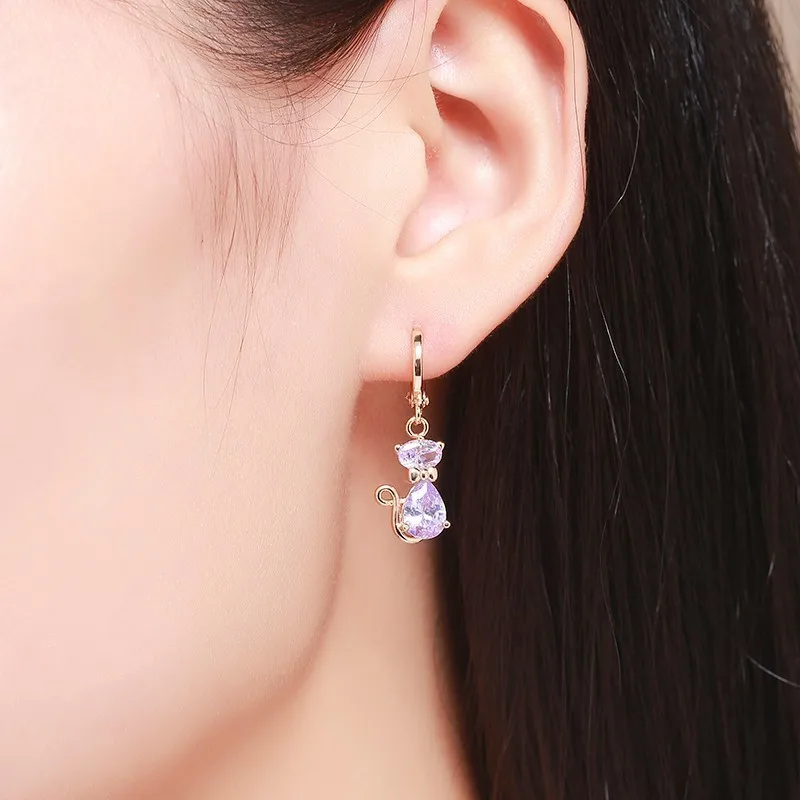 Милые котята кошки Гатос светло фиолетовый круглый фианит петли Висячие серьги