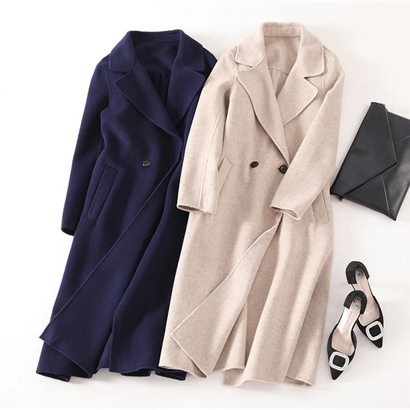 

high grade double-sided 100%wool fabrics women's fashion long overcoat no lining light tan 3colors S/M/L