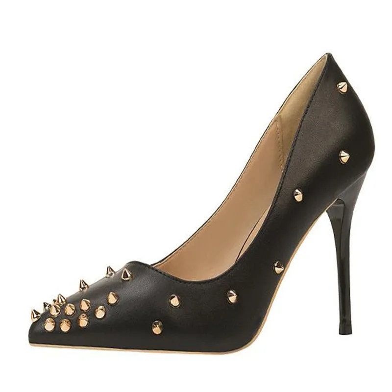 

2019 new beige rivet high heeled lady pumps shallow pointed toe woman shoes party shoes slip-on PU leather wedding shoes
