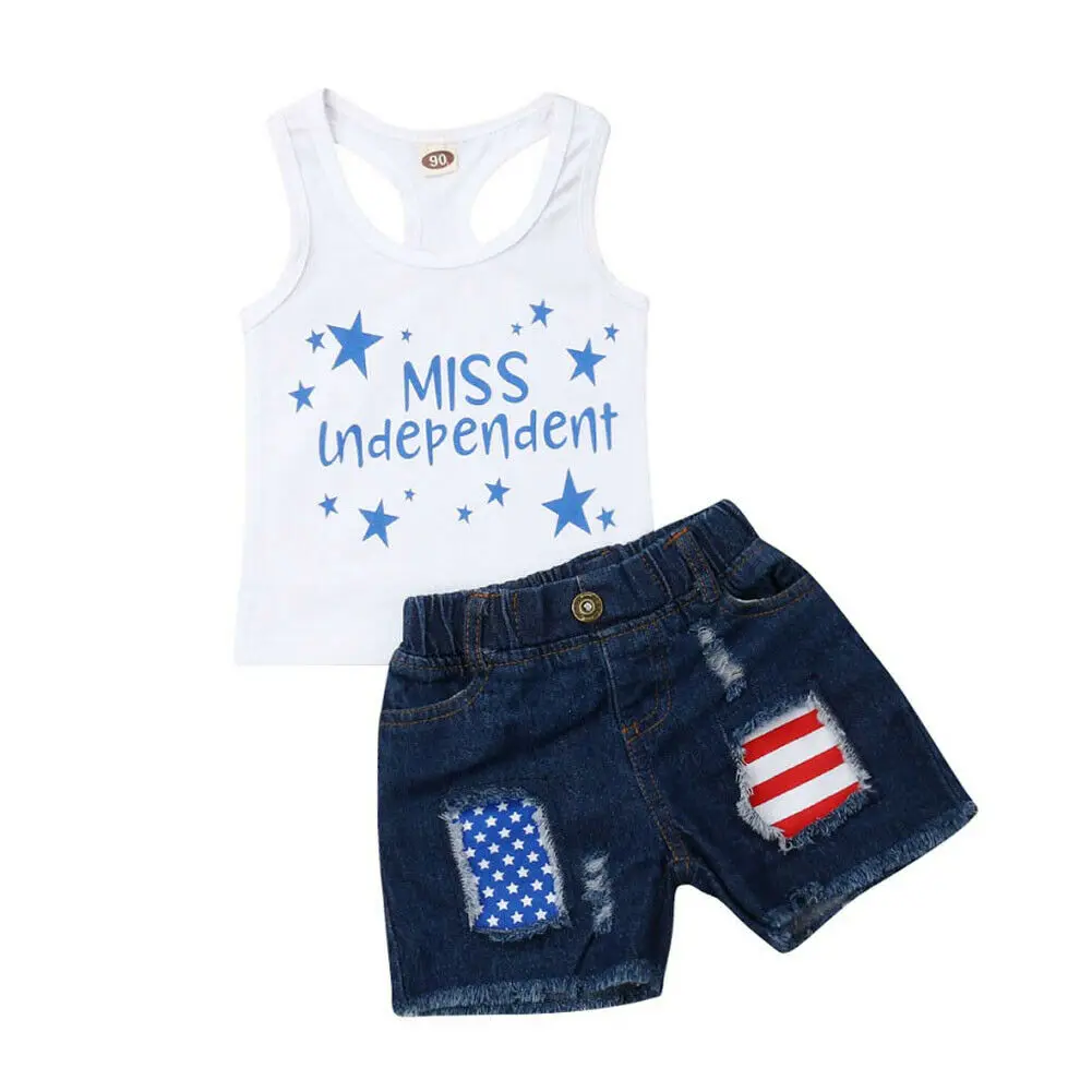 Фото Новая детская одежда для маленьких девочек 4 июля жилет топ джинсовые шорты