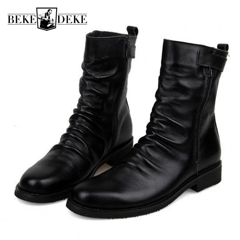 Осенне зимние мужские ботинки до середины икры теплые из натуральной кожи модные