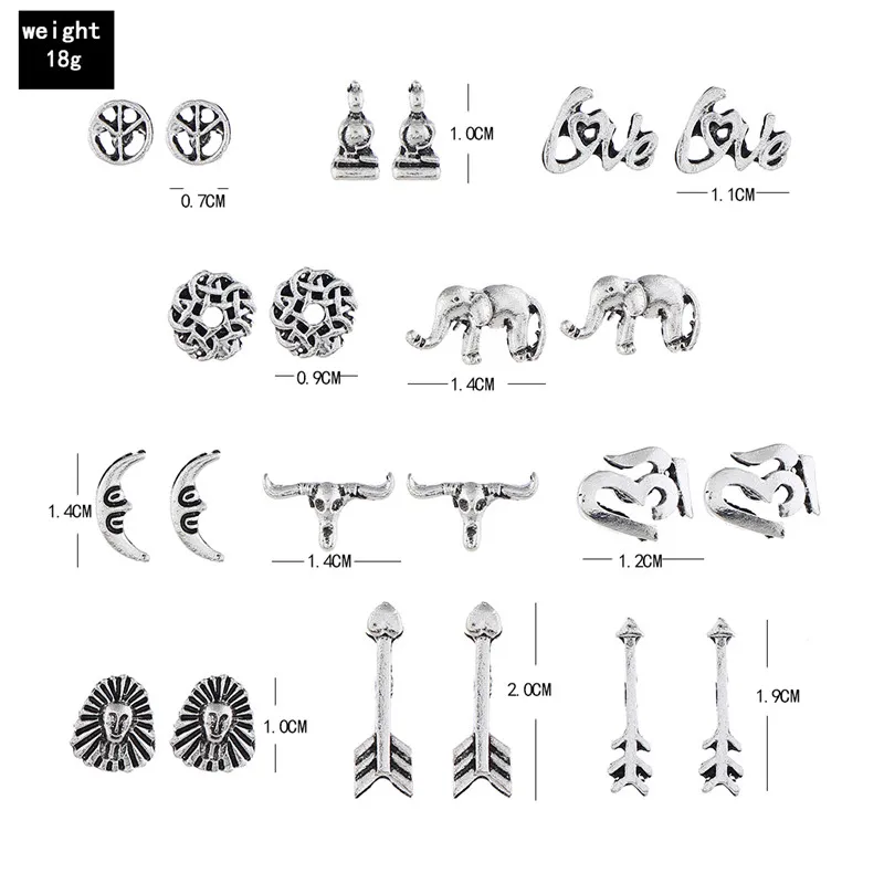 11 пара/лот серебряные цветные серьги луна сердце любовь стрела слон Будда Таурен