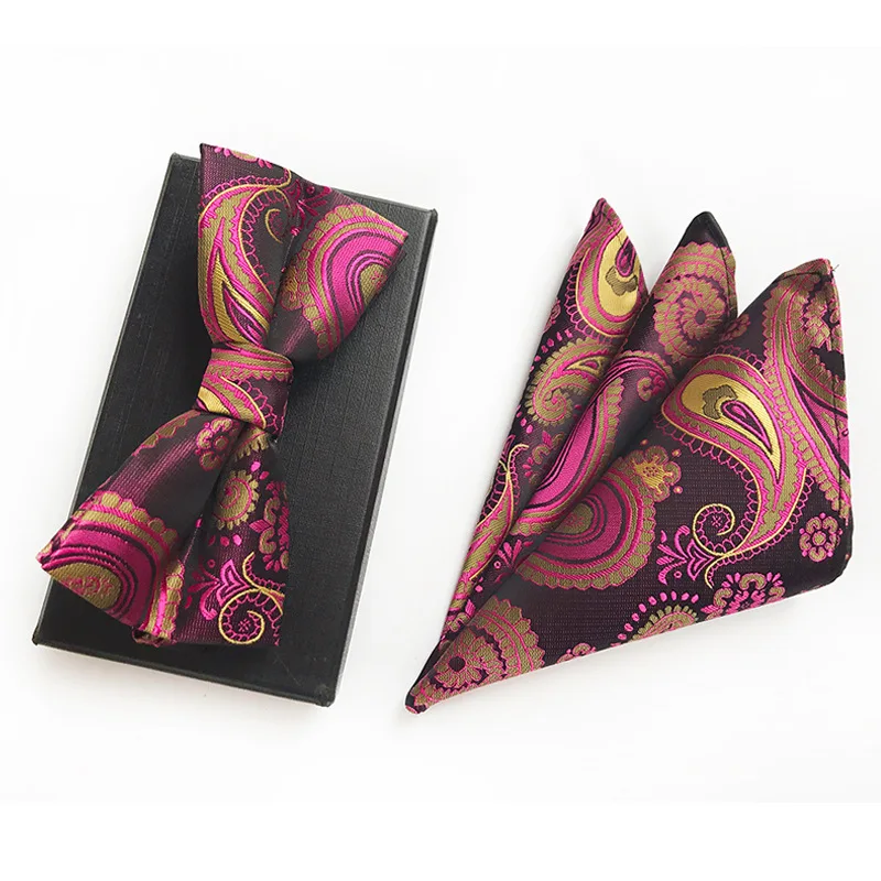 

Fashion Man Purple Bowtie and Pocket Square Set Paisley Corbatas Business Casual Neckcloth Party Accessories