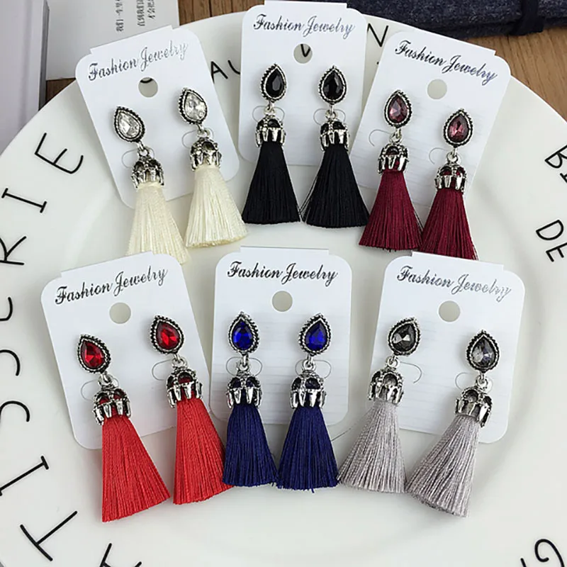 Boho Fringing нитки кисточки серьги для женщин ожерелье с каплевидными кристаллами 2018