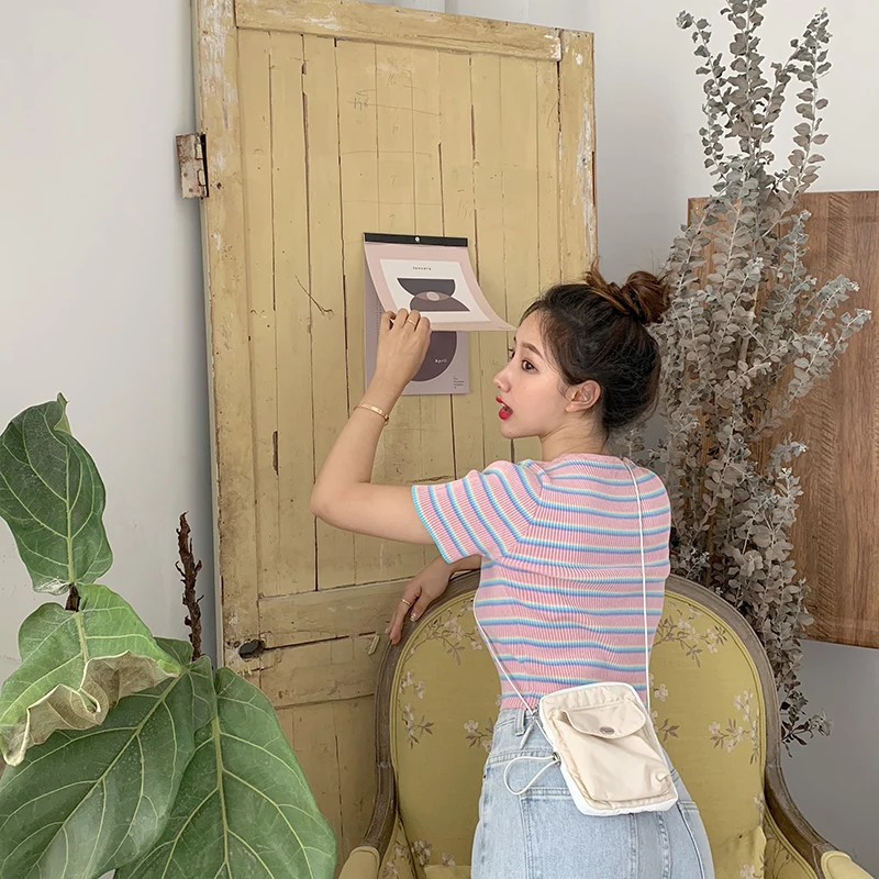 2019 летний корейский стиль полоса цветная нашивка свитер тонкий вязаный Топы с