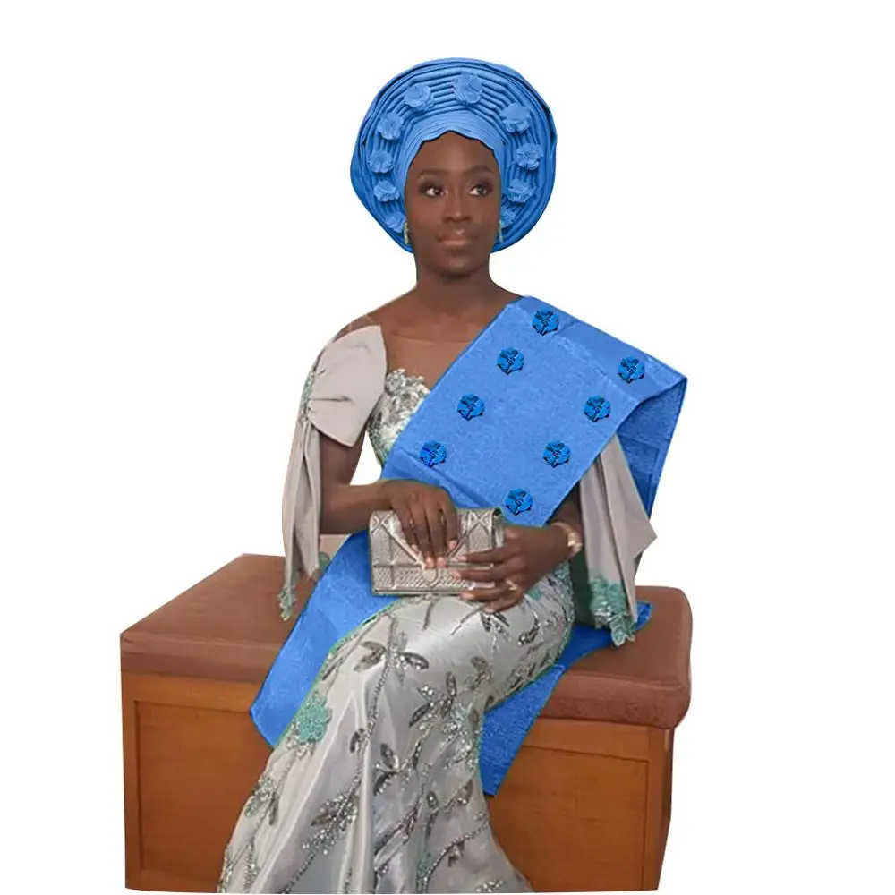 sky blue ASO OKE геле Африканский Цветочный Женская повязка на голову с плеча - Цвет: sky blue